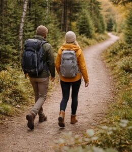 Kaksi retkeilijää kävelee metsäpolulla rinkat selässä syksyisessä maisemassa.