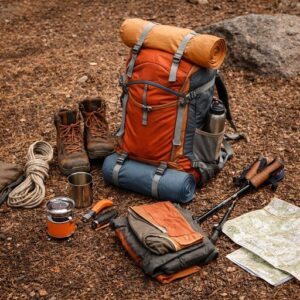 Retkeilyvarusteita maassa: rinkka, vaelluskengät, kartta, retkikeitin ja tarvikkeita valmiina matkaa varten.