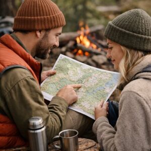 Retkeilijät tutkivat karttaa nuotion äärellä, suunnittelemassa vaellusreittiä luonnossa.