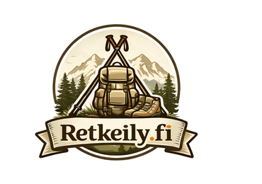 Retkeily.fi-logo, jossa vuoristomaisema ja rinkka retkeilyvarusteiden symbolina.