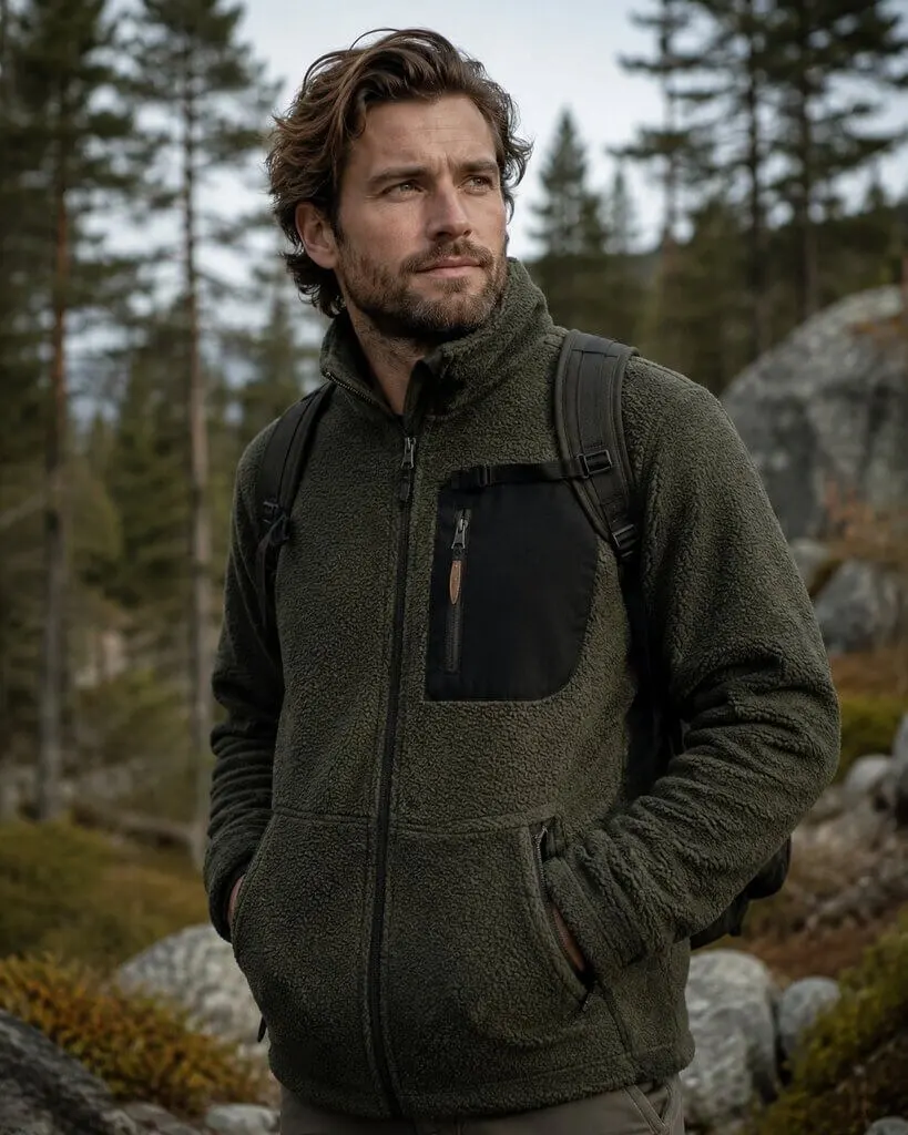 Mies vihreässä fleece-takissa metsäisessä retkeilymaisemassa reppu selässä.