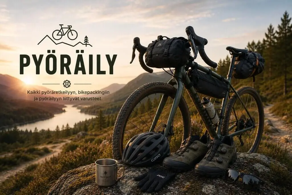 Bikepacking-pyörä ja pyöräilyvarusteita maisemassa auringonlaskun aikaan.