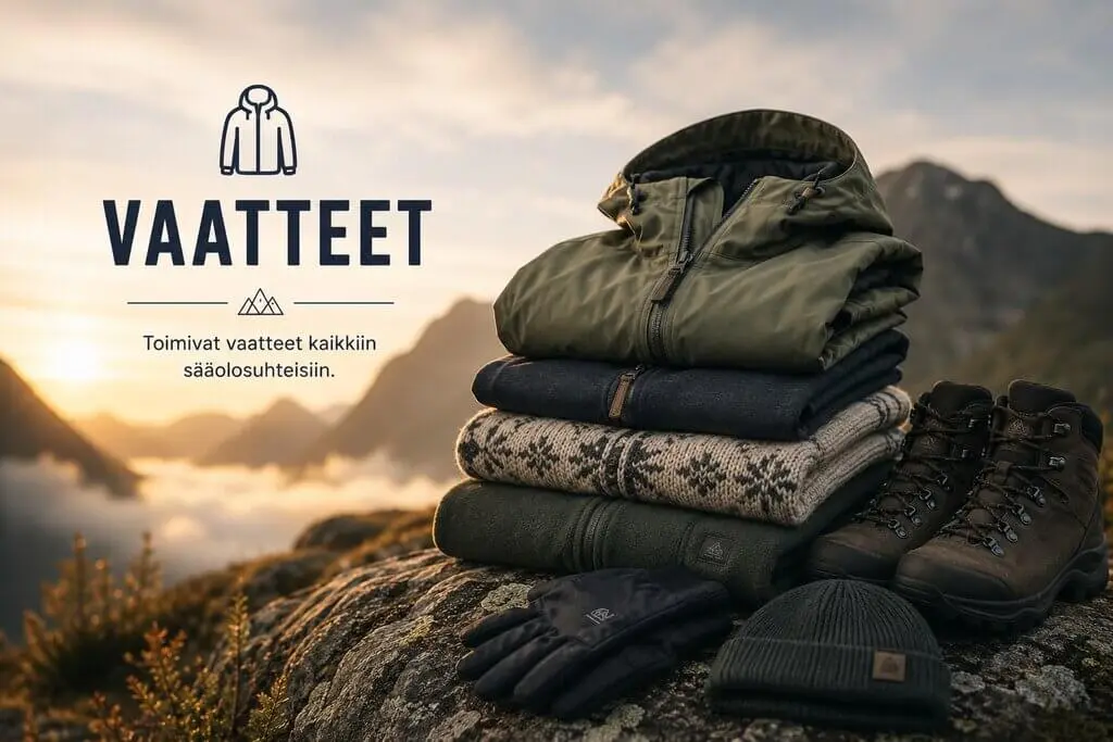 Retkeilyvaatteita ja vaelluskenkiä tunturimaisemassa auringonlaskun aikaan.