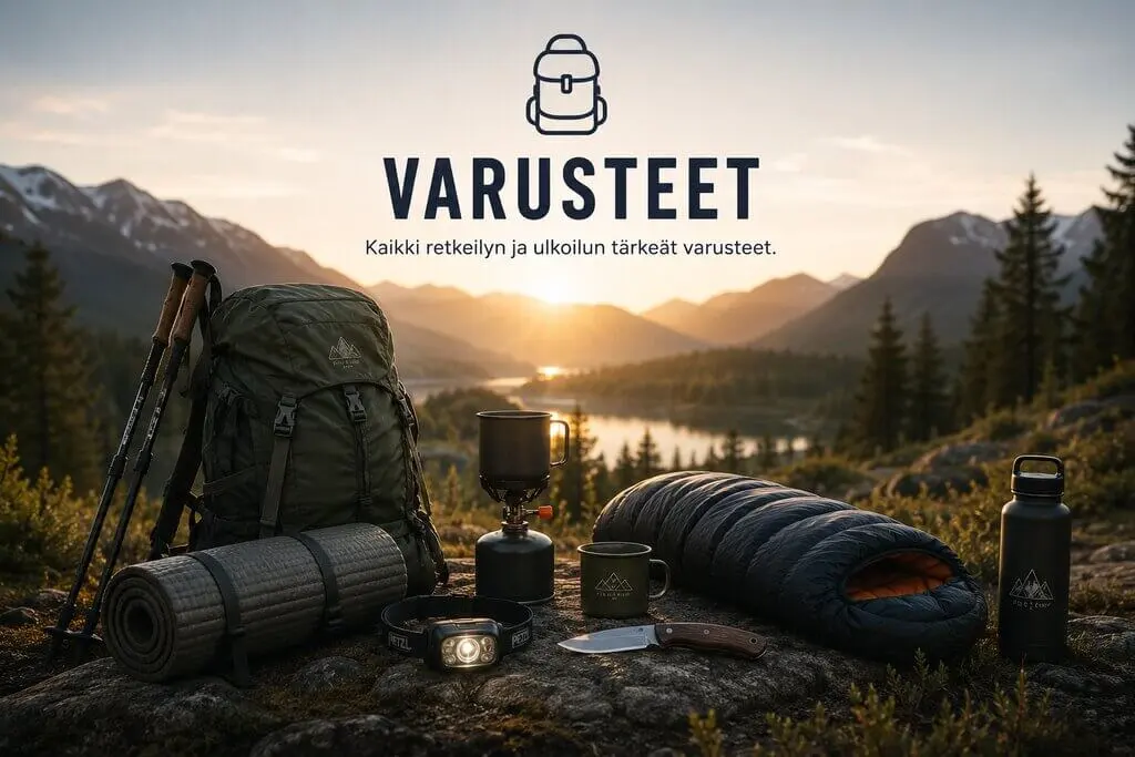 Retkeilyvarusteita järvi- ja tunturimaisemassa auringonlaskun aikaan.