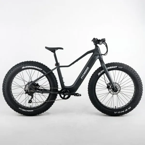 FitNord Rumble 300 G2 -sähköfatbike mustana sivuprofiilista kuvattuna vaaleaa taustaa vasten.