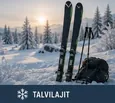 Sukset ja talviretkeilyvarusteet lumisessa metsämaisemassa talvilajien kategoriakuvana.