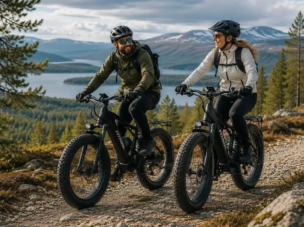 Kaksi sähköfatbike-pyöräilijää ajamassa tunturimaisemissa soratiellä järven ja vuorten näkyessä taustalla.