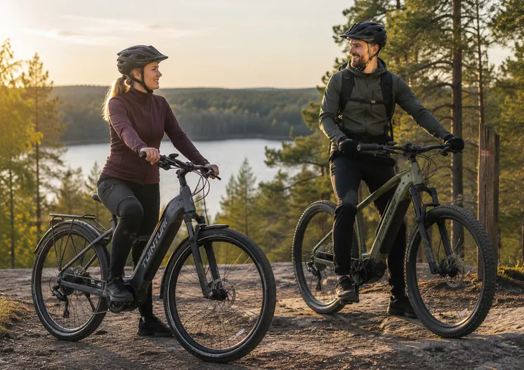 Kaksi pyöräilijää Tunturi-sähköpyörillä metsäisessä järvimaisemassa retkeilemässä auringonlaskun aikaan.