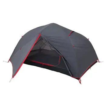 Harmaa Alps Mountaineering Helix 2 kahden hengen kevyt teltta punaisilla yksityiskohdilla ja avoimella eteistilalla.