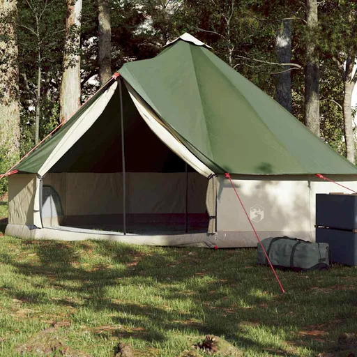 Vihreä vidaXL kuuden hengen tiipii-perheteltta pystytettynä metsäiselle leirintäalueelle, suuri verkkosuojattu sisäänkäynti avoinna.