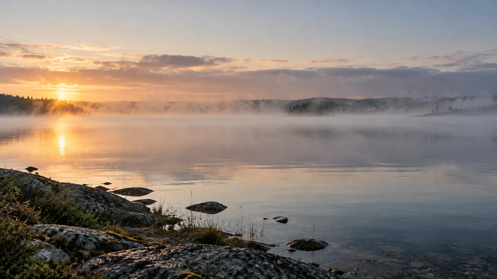 Rauhallinen sumuinen järvimaisema luonnon keskellä