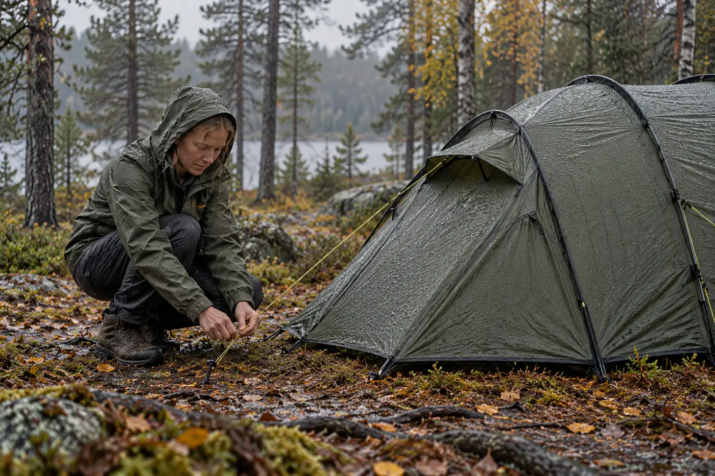 Sadeasuun pukeutunut retkeilijä kiristää vihreän teltan kiinnitysnarua märässä metsässä