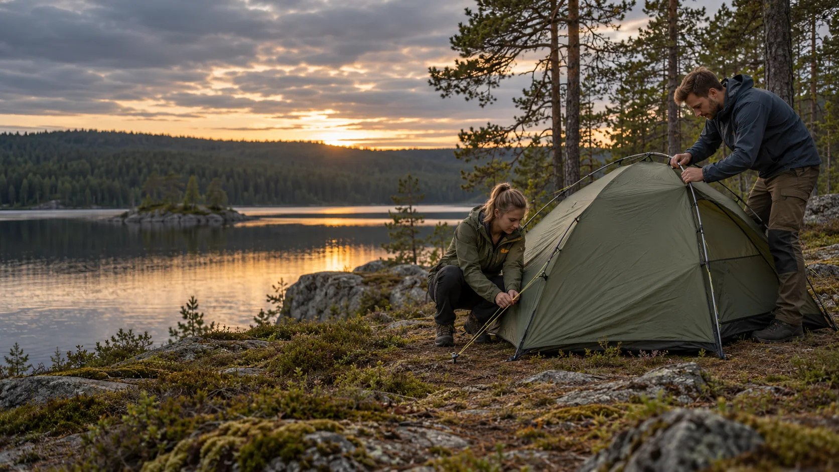 Kaksi retkeilijää pystyttää vihreää telttaa järven rannalla ilta-auringossa